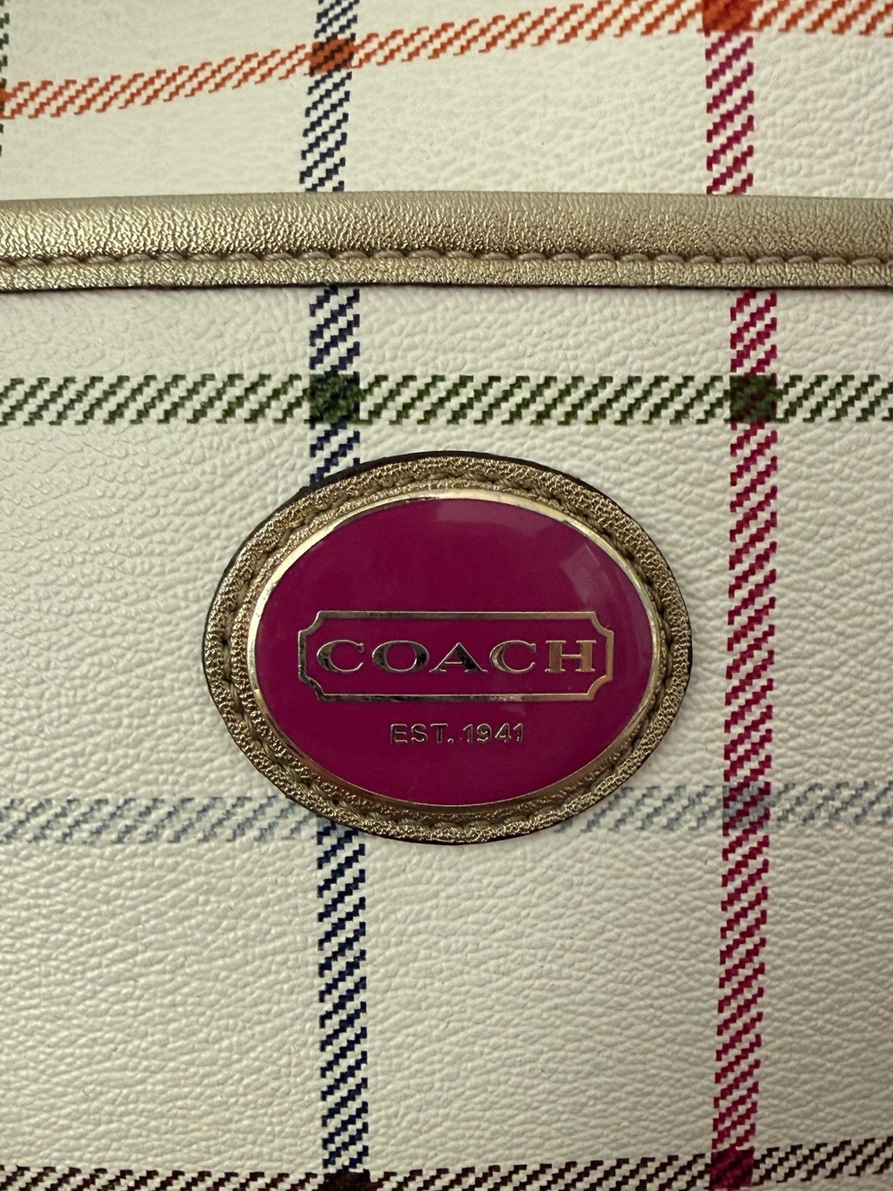 Coach Vintage Peyton Tattersall Tote cream and plaid design with gold detailing - Picture 11 of 16